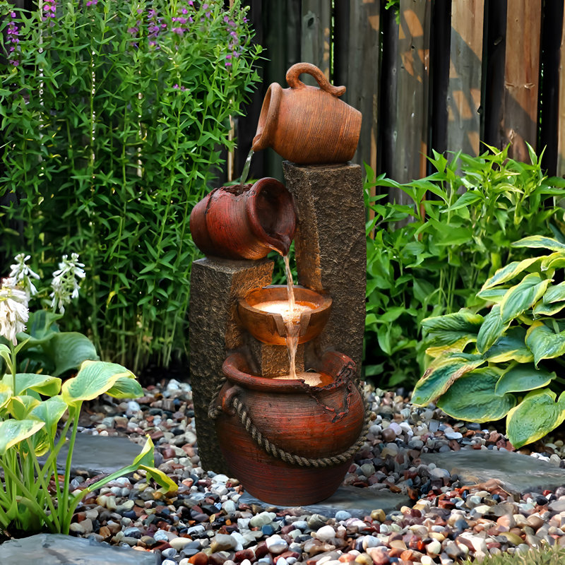 Rustic Brown Poly Resin 3-Tier Outdoor Fountain with LED Lights