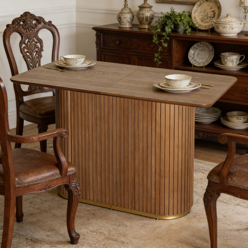 Table de comptoir 63 "Mid-Century moderne, panneau de fibres à densité moyenne en frêne clair avec base à piédestal Tambour, 4-6 places pour la salle à manger et le salon