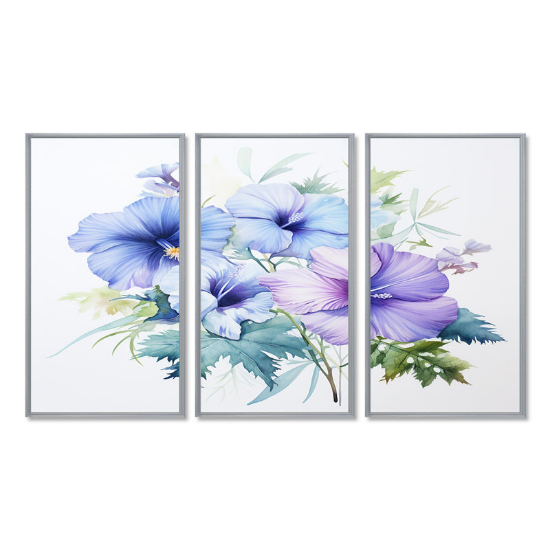 «Mauve et bleu», impression d'art aquarelle d'hibiscus, H 28 po x l 36 po x P 1 po, Encadrement argenté