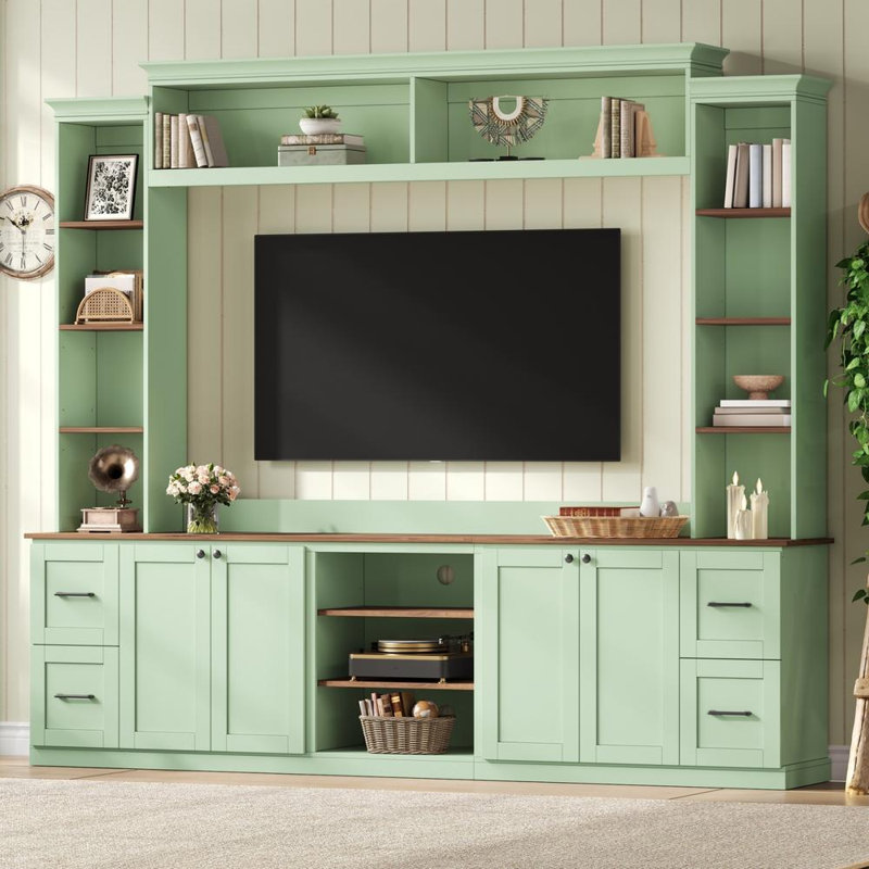 Meuble audio-vidéo 4 en 1 avec bibliothèque, meuble télé avec tablettes réglables et tiroirs pour le salon, Mint Green