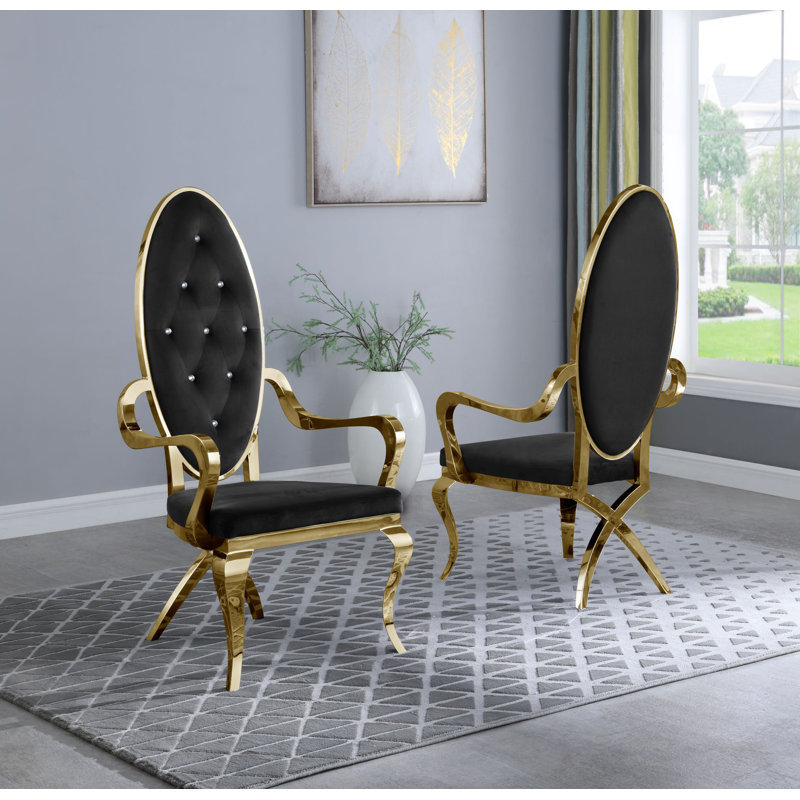 Tufted Velvet Upholstered Armchair, Gold, Black Velvet