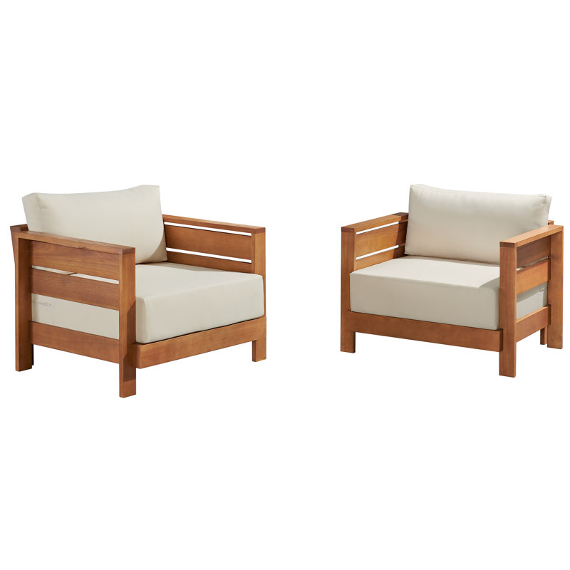 Barton 36" W Weather Resistant Solid Wood Patio Arm Chair, Cream, Natural Wood