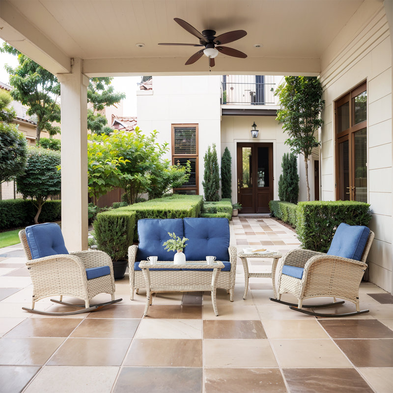 Aluel Wicker 4 - Person Patio Conversation Set with Cushions, Light Gray Frame/Blue Cushion