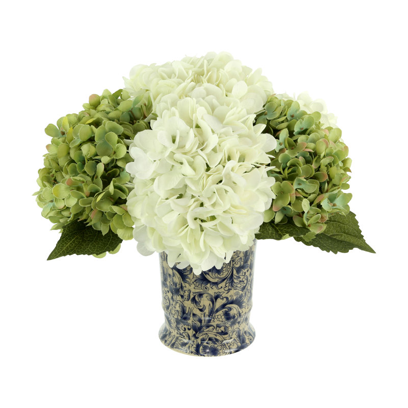 Hydrangea Arrangment In A Chinoiserie Vase, Green/Cream