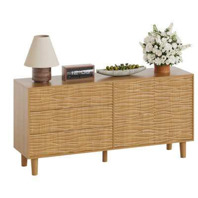 Mid Century 61" Buffet Sideboard Cabinet, Undulating Groove Storage Cabinet with 3 Drawers 2 Doors & Adjustable Shelf, Console Table for Dining & Living Room