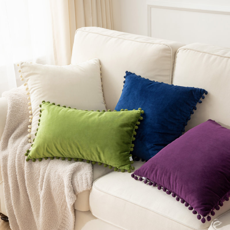 Silky Velvet Series Pom-poms Decorative Throw Pillow, Green, Pillow Cover & Insert, Rectangle 12"H x20"W
