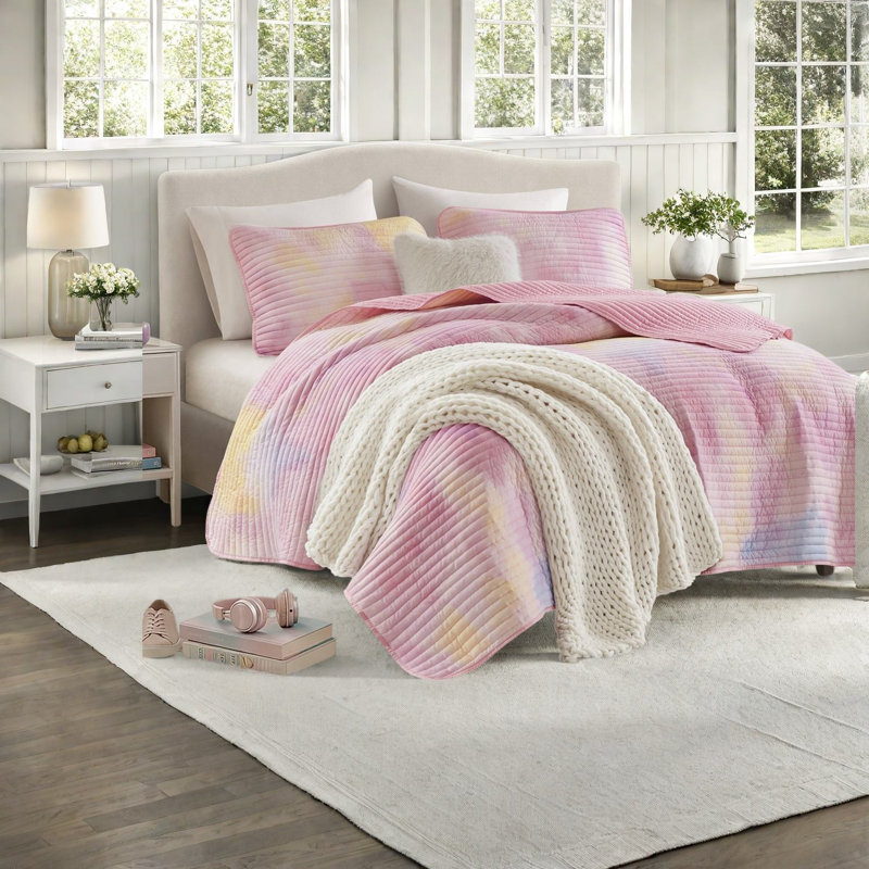 Modern Bedding Sets, Full Queen Microfiber Pink Tie Dye Quilt for Home