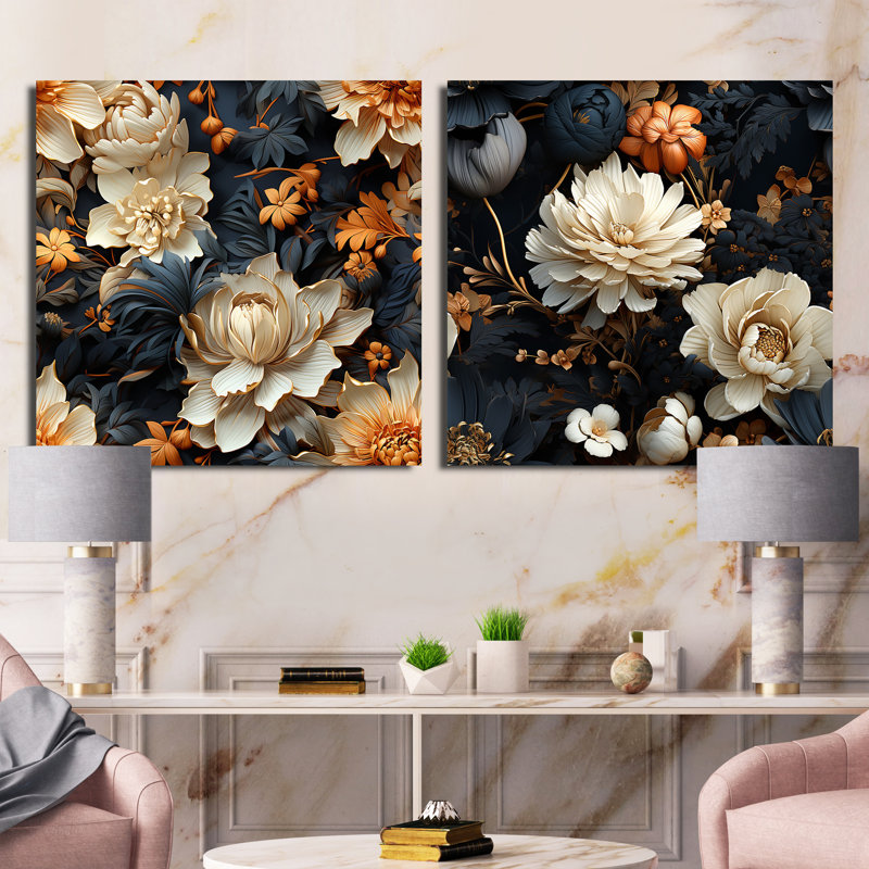 Rochers - Ensemble de 2 collages floraux carrés, Toile tendue, H 30 po x l 61 po