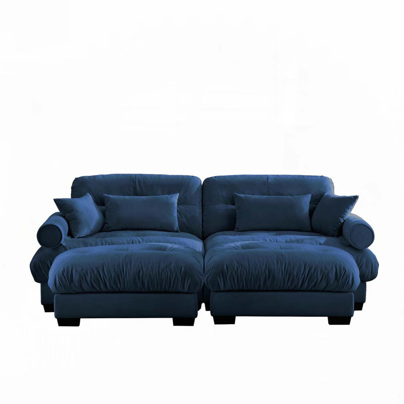 Canapé en velours 2 places avec 2 repose-pieds, Bleu