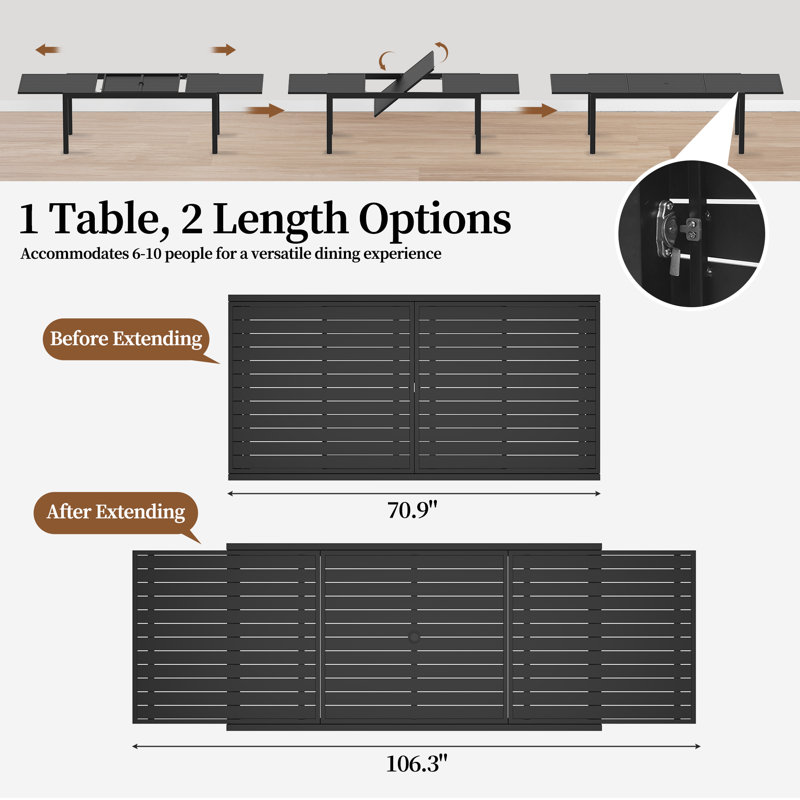 Outdoor Expandable Dining Table, All Aluminum Rectangle Patio Table with Safety Locks & Adjustable Legs, 106" L X 35" W