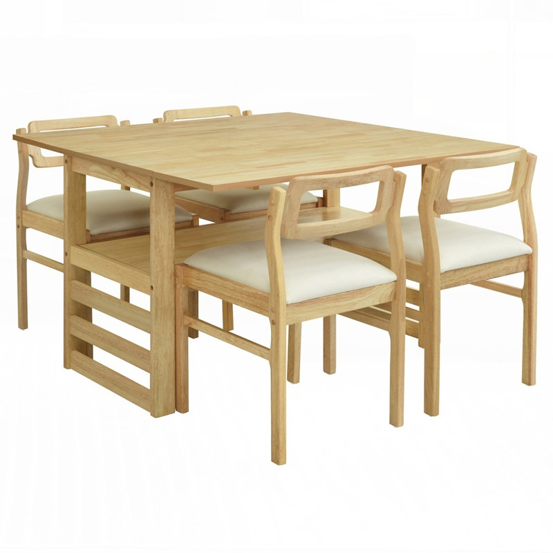 Table de salle à manger extensible en bois d'hévéa avec abattants et rangement sous la table, parfaite pour les petits espaces et une utilisation polyvalente.