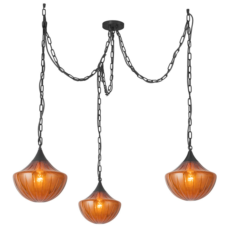 Luminaire suspendu noir mat à 3 lumières avec verre opale ambré Ashwell, Noir mat