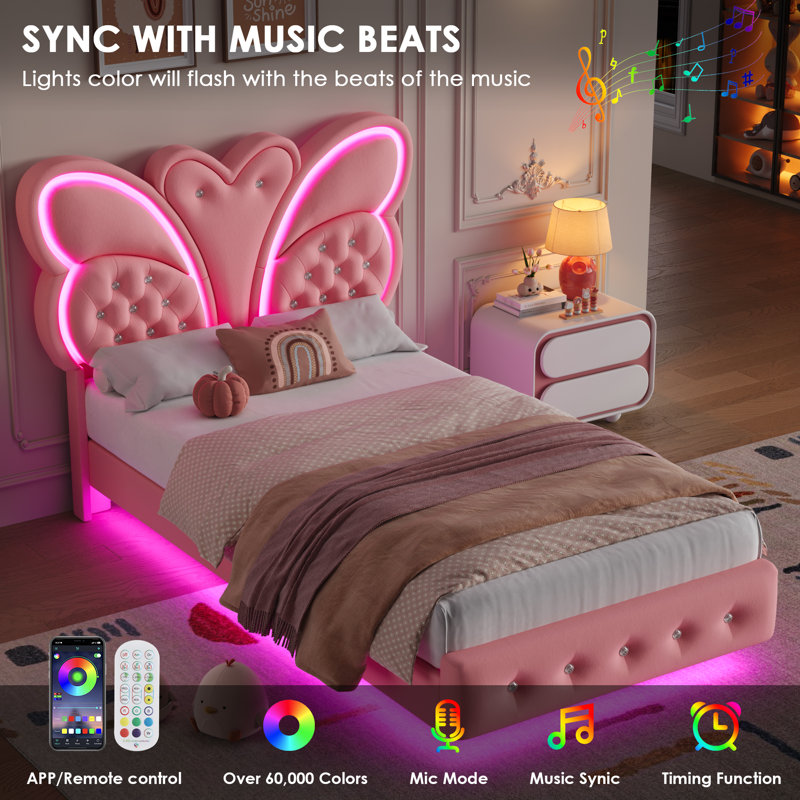 Butterfly Upholstered Floating Kid Bed With LED Light