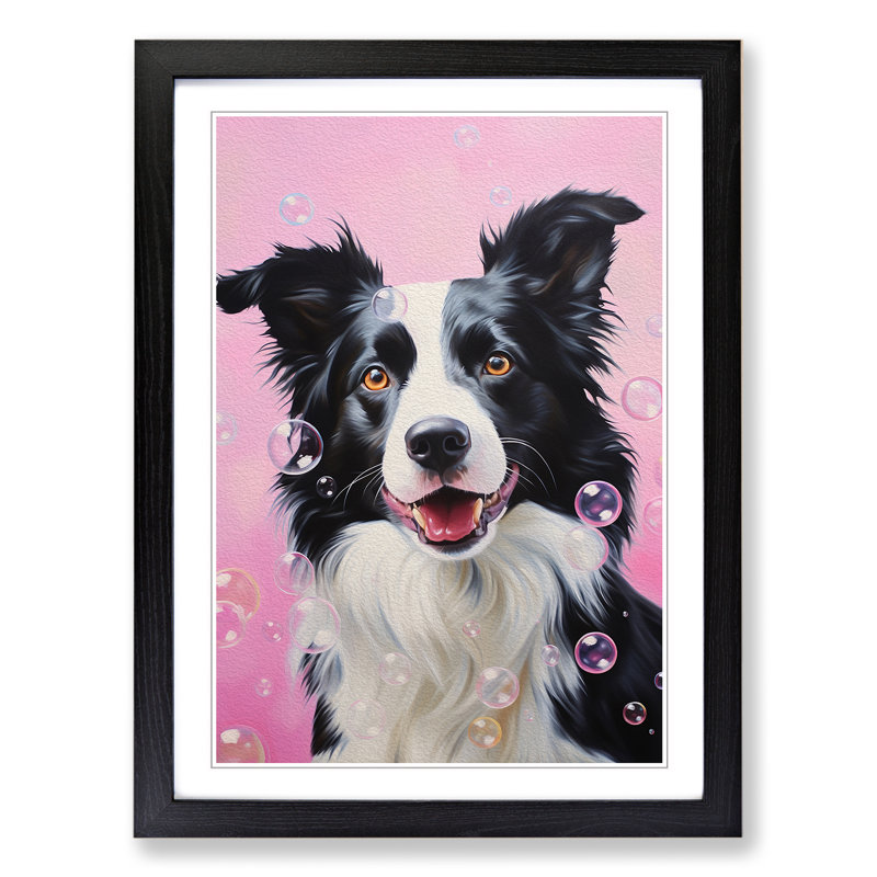 Border Collie Bubble Gum - Single Picture Frame Print on Wood, 46cm H x 34cm W x 2cm D, Black