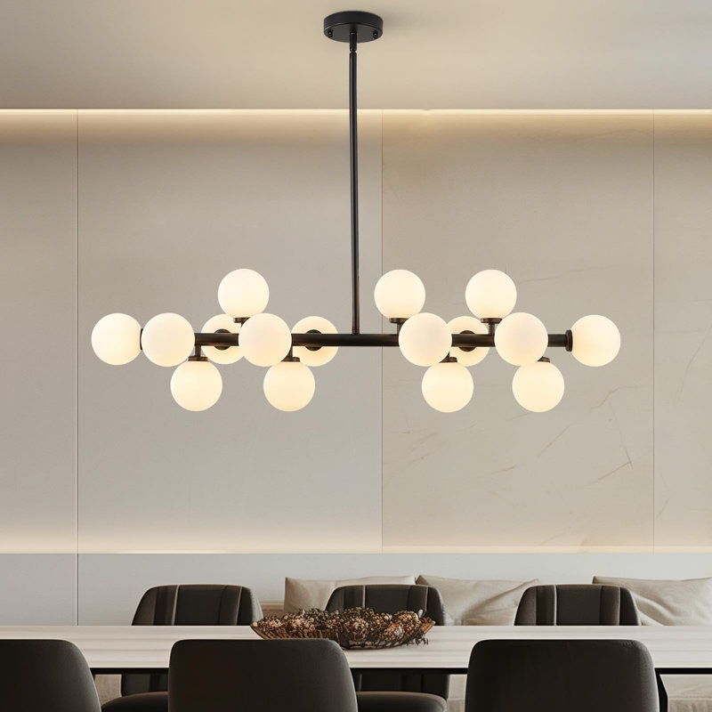 Lustre moderne de style Mid-Century à 16 lumières: lustres linéaires noirs Spoutnik de 40 po - Luminaire sphérique en verre blanc laiteux - Long lustre suspendu moderne pour îlot de cuisine de salon