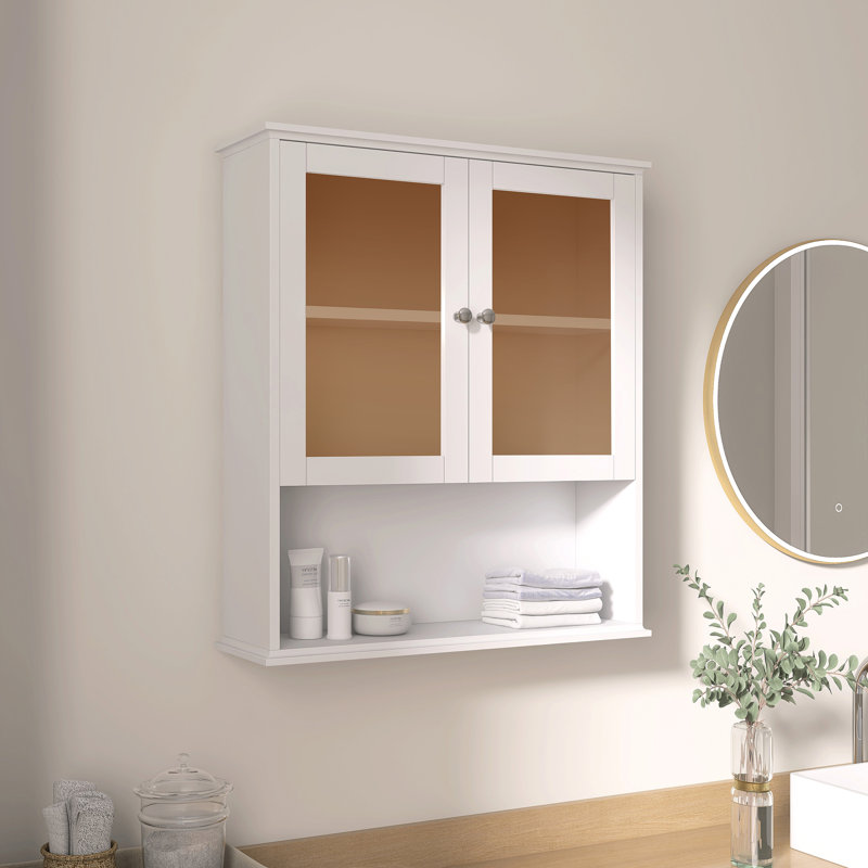 Armoire de rangement murale 26 "avec portes en verre et fermeture en douceur, Blanc