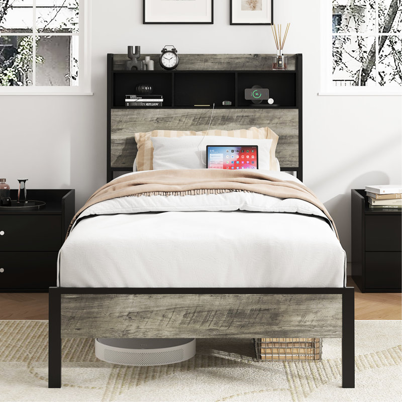 Bed Frame For Twin With Headboard Storage And A Mid - Point Charging Station, Gray Wood Material, Metal & Blend, Easy To Put Together In Bedroom Head Main Parts, Appearance,