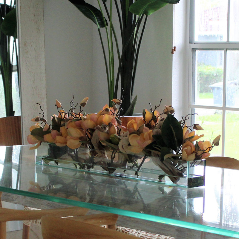 Glass Plate Magnolia Floral Arrangement And Centerpiece In Planter, 10" H x 24" W x 7" D, Peach