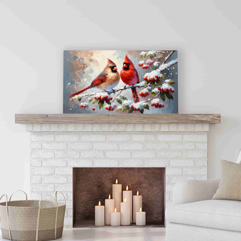 «Winter's Duet: Cardinal pair on Snowy Branch», reproduction sur toile tendue, H 24 po x l 42 po x P 1,5 po