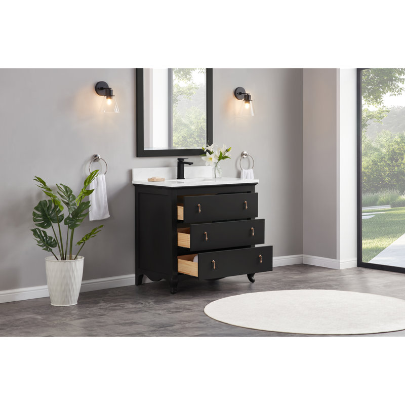 36" Cadet Finish Solid Wood Sink Vanity  With 1' Artificial Stone Top, Tricon Black