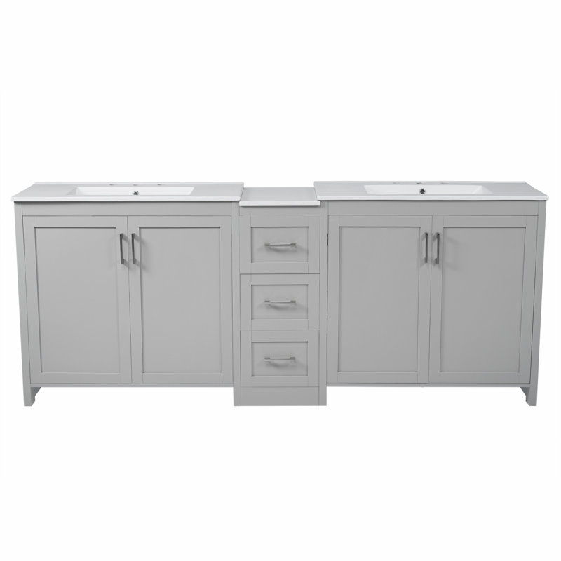 Meuble-lavabo double avec tiroirs de rangement et tablettes réglables, Gris