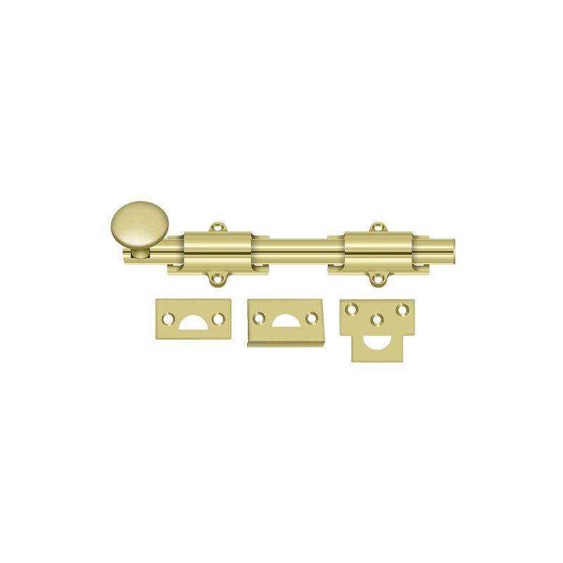 Boulon de surface 8 po Deltana 8SB3; robuste; finition laiton brillant, Laiton poli, H 1,25 po x l 8 po x P 1 po