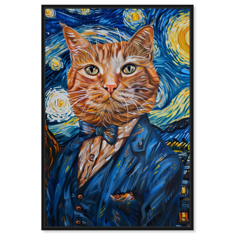 «Starry Night Van Gogh Cat», impressions sur toile de chat excentrique par Notoriart, Cadre noir, H 46 po x l 31 po