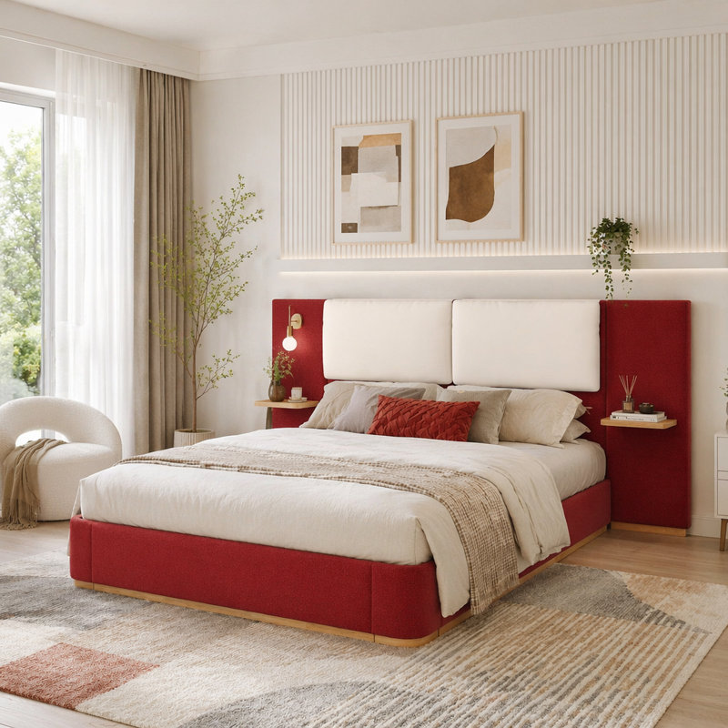 Très grand lit plateforme tapissier avec tablettes de rangement et coins arrondis doux, Très grand lit, Rouge