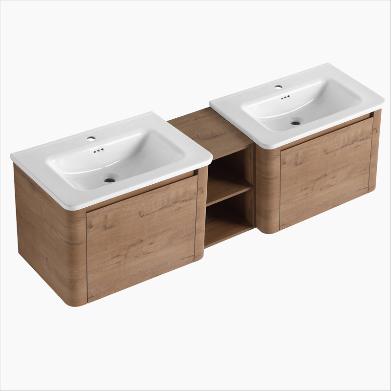 Meuble-lavabo mural 68 po avec lavabo en céramique blanche et tablettes de rangement et 1 porte à fermeture en douceur, emballage KD, contreplaqué