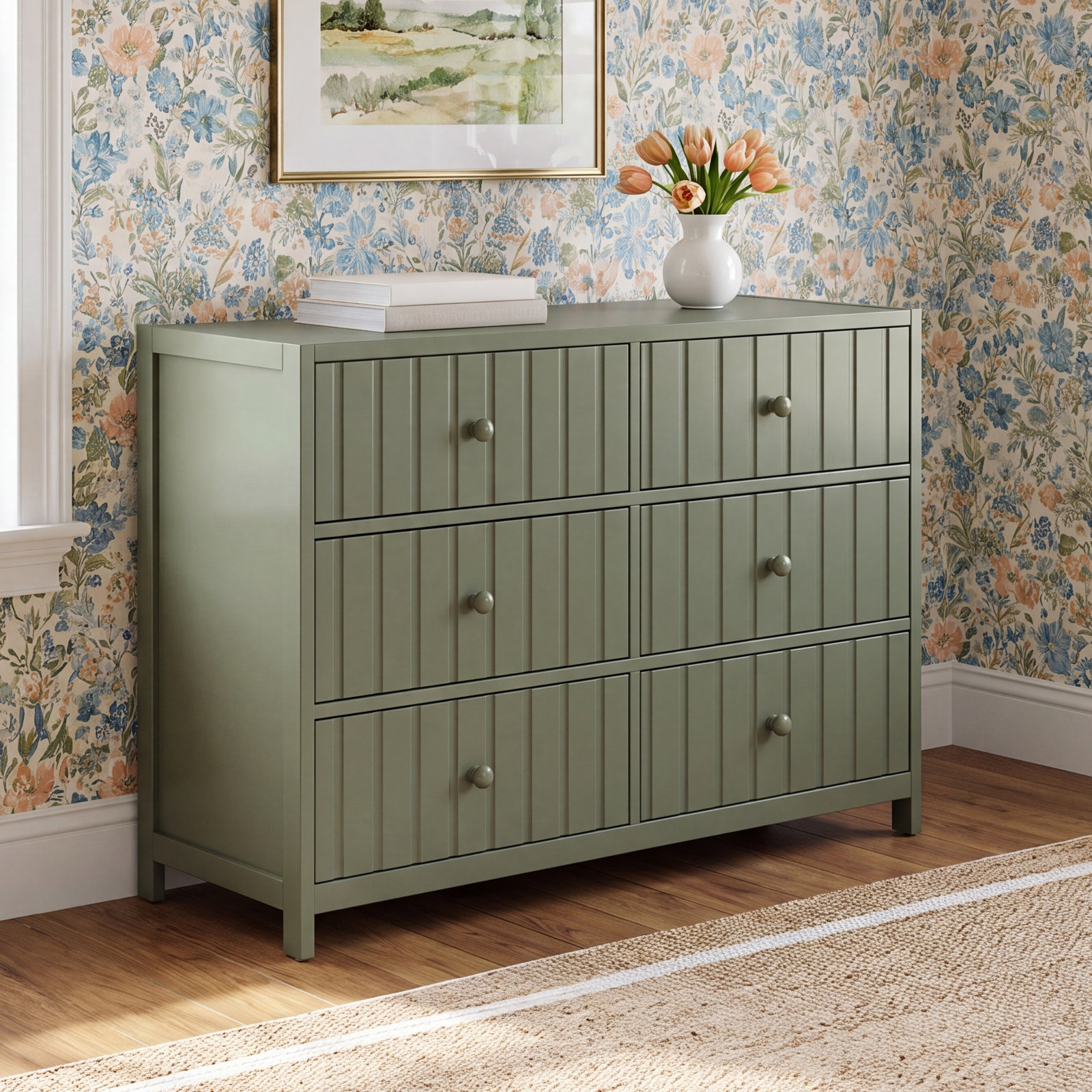 Teddi 6 Drawer Double Dresser, Olive