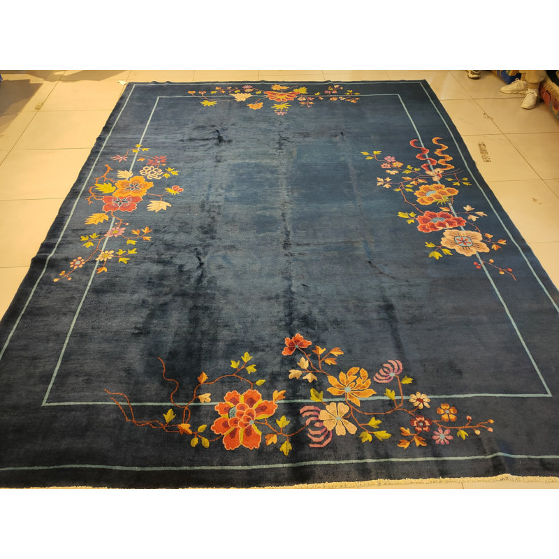 Navy Blue Color Field Antique Floral Pattern Chinese Deco Rug
