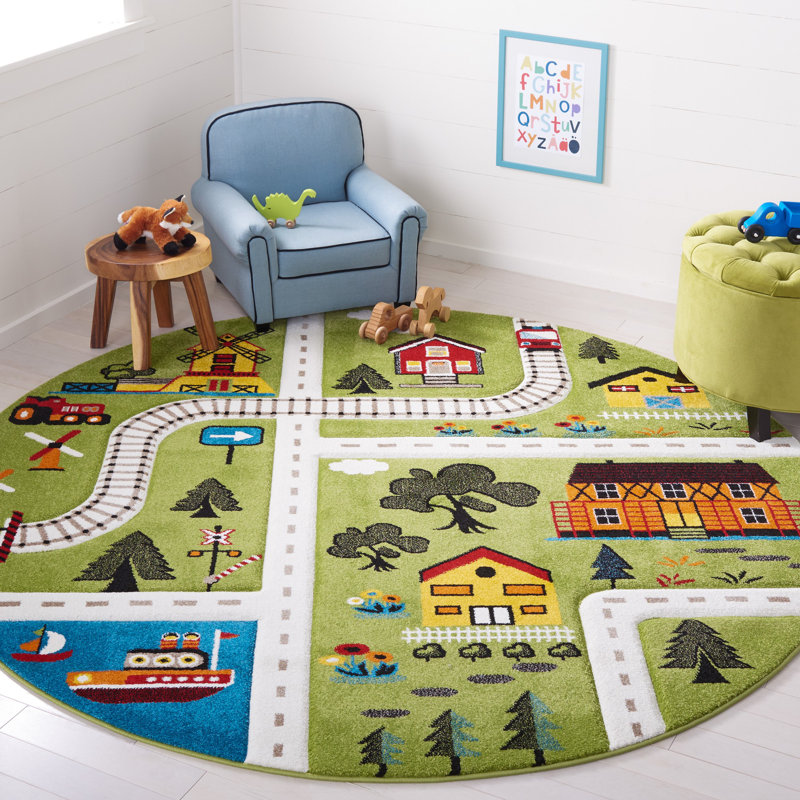 Zeno Abstract Green/Beige Area Rug, Round 6'