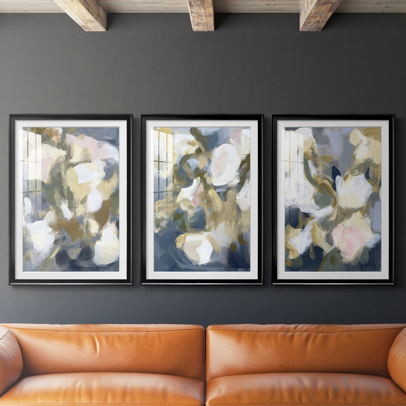 FLORAL Series DCLVII - Impression encadrée sur mesure de qualité supérieure - 3 pièces, H 27 po x l 39 po, Noir
