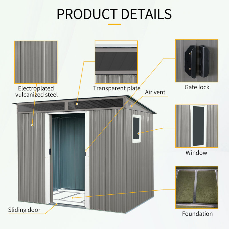 Gray 8'x6' Metal Outdoor Storage Shed with Windows and Sliding Door