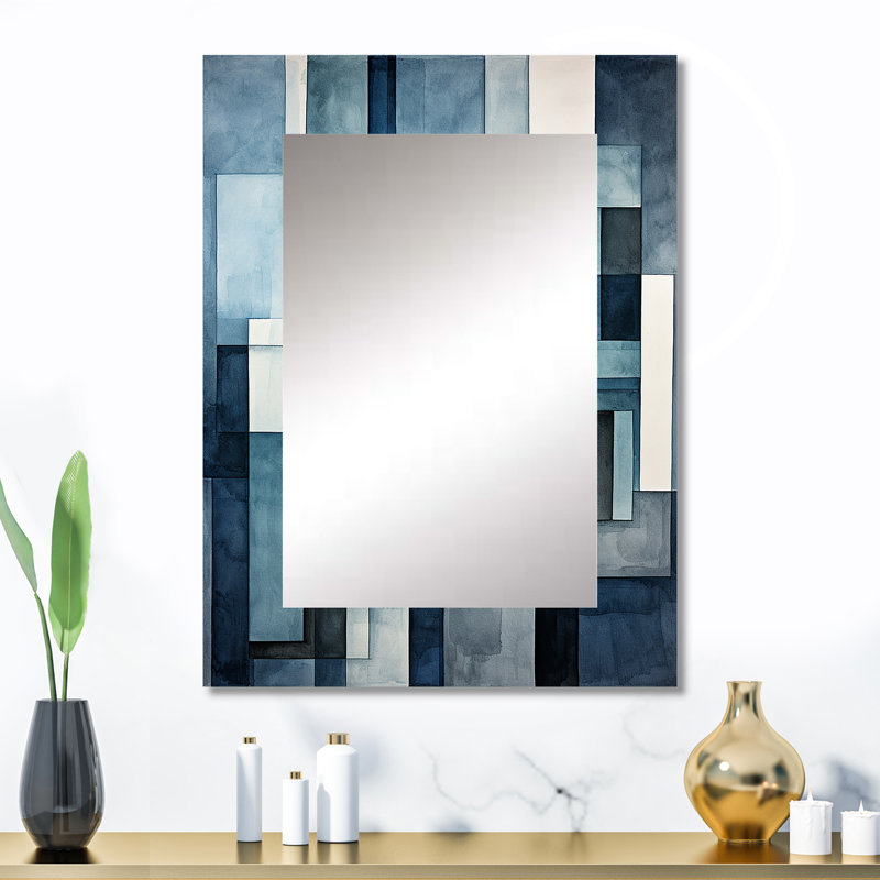 Indigo Illusion Abstract Shapes II - Abstract Shapes Large Mirror, Modern Decorative Wall Mirror, Printed Metal Art