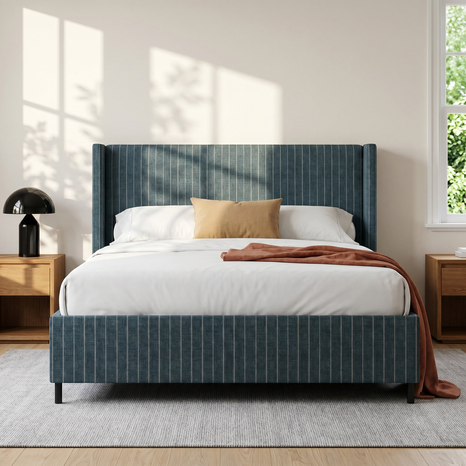 Tilly Upholstered Wingback Bed, Twin, Fritz Indigo Stripe