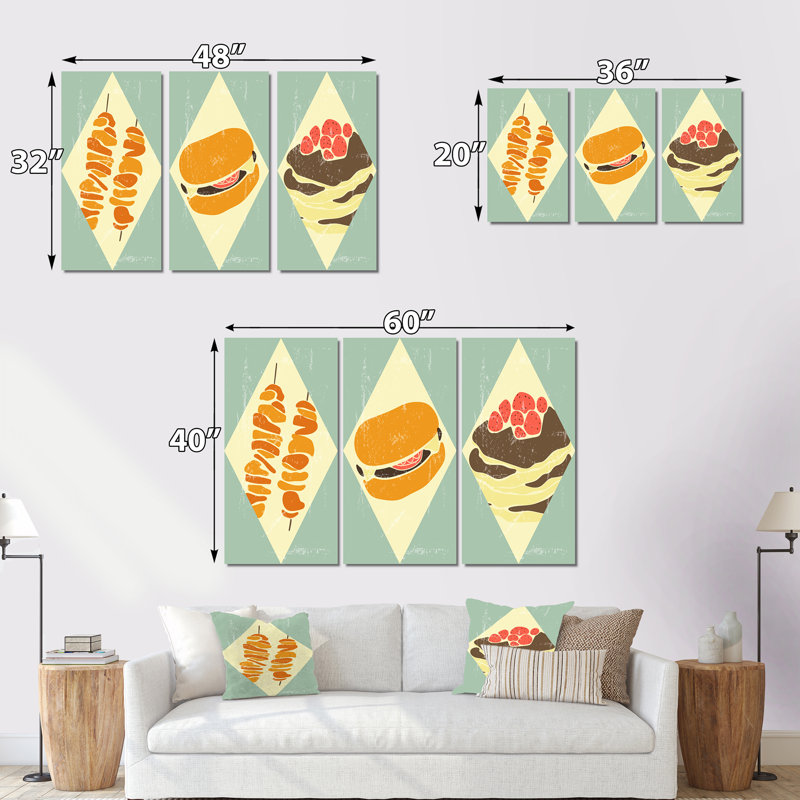 Hipster Fast Food II - ensemble de 3 impressions sur toile tendue, H 20 po x l 36 po