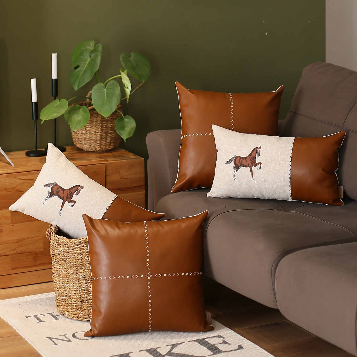 Mike&Co. New York Boho Embroidered Horse Handmade Set of 4 Throw Pillow 12 x 20 Vegan Faux Leather Solid Beige & Brown Lumbar for Couch, Bedding 