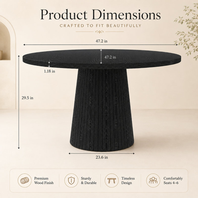 Table de salle à manger ronde Brathwaite 120 cm (47,24 po) pour 4 personnes, style ferme moderne, en MDF avec pied central cannelé.