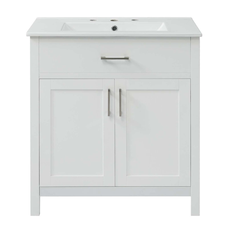 Meuble-lavabo autoportant moderne avec lavabo et tiroir en céramique, Blanc