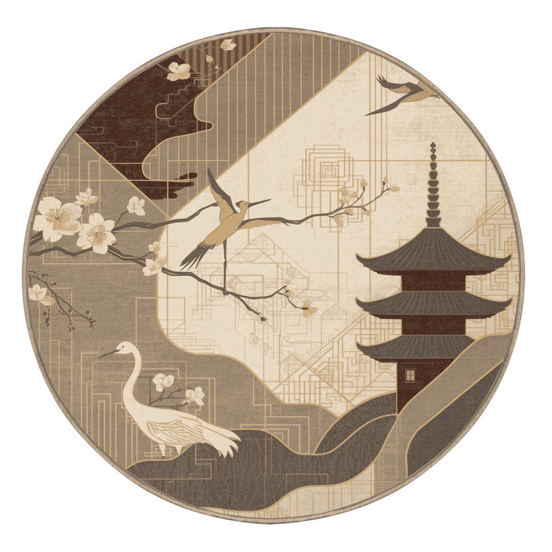Tapis oriental brun / beige lavable à la machine Pavla, Rond 8 pi