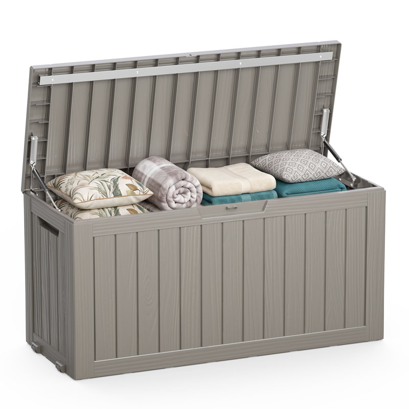 Coffre de rangement extérieur de 340 litres (90 gallons), coffre de terrasse en résine résistant aux intempéries avec couvercle verrouillable, capacité de charge maximale de 204 kg (450 lb) pour coussins de patio, jouets de piscine, outils de jardin et accessoires de plein air
