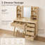 Ensemble de coiffeuse avec miroir lumineux à DEL et prise de courant, bureau de coiffeuse cannelé à 5 tiroirs avec tablettes de rangement ouvertes et tabouret rembourré, station de maquillage pour chambre à coucher moderne en bois clair