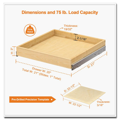 Tiroirs d'armoire coulissants en bois de bouleau l 21 po x P 21 po pour l'organisation d'armoires de cuisine / garde-manger