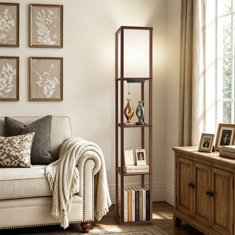 63" Column Floor Lamp With Shelves With Bulb And USB Charging Station, Brown