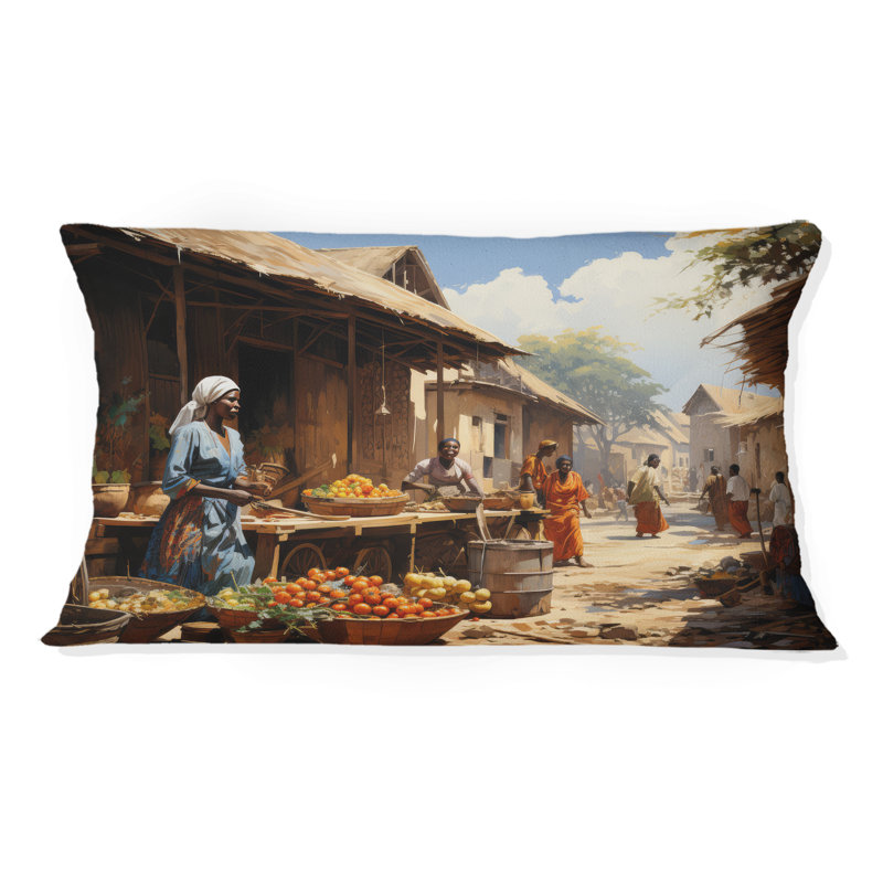 African Vibrant Market II - Coussin décoratif imprimé d'art africain, H 12 po x l 20 po, Rectangulaire