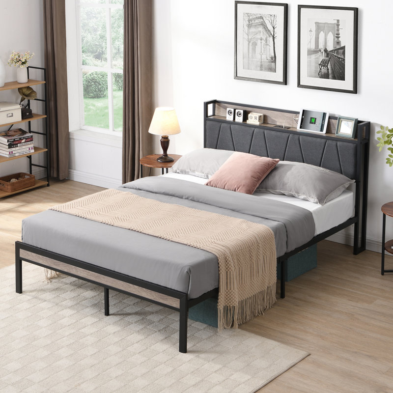 Structure de lit en métal avec tête de lit en tissu d'ameublement avec doublure USB et pied de lit