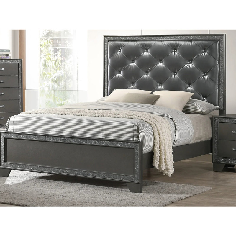 Grand lit de style contemporain gris foncé scintillant de style contemporain, tête de lit haute, revêtement, lit Myth de chambre à coucher avec chatoiement flair