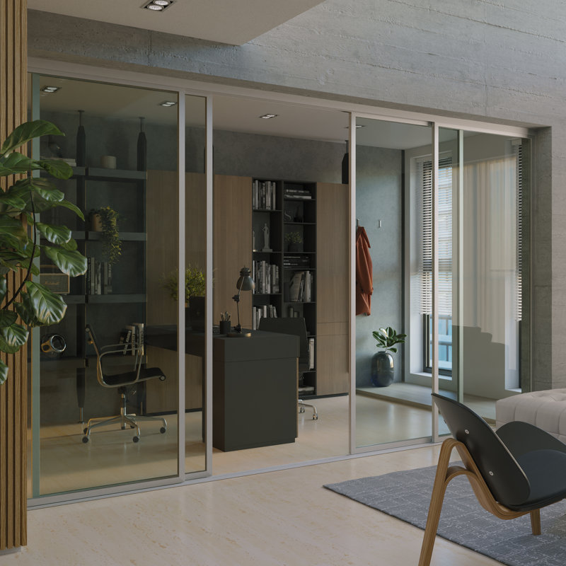 Cloison 4 panneaux coulissants en verre transparent - structure en aluminium avec technologie Silent Glide, Aluminium brossé