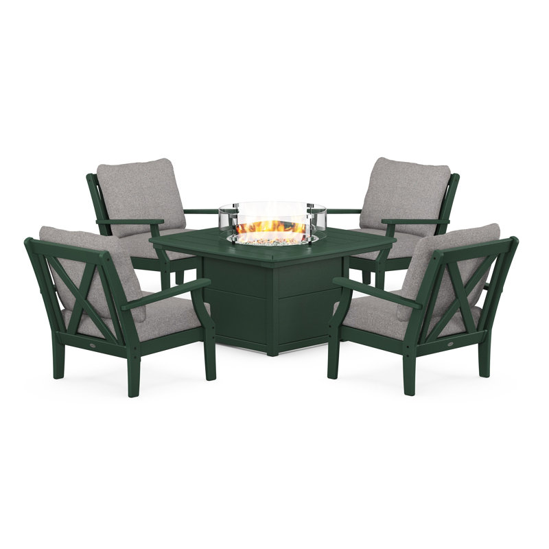Braxton 5-Piece Deep Seating Conversation Set with Fire Pit Table, Grey Mist, Green